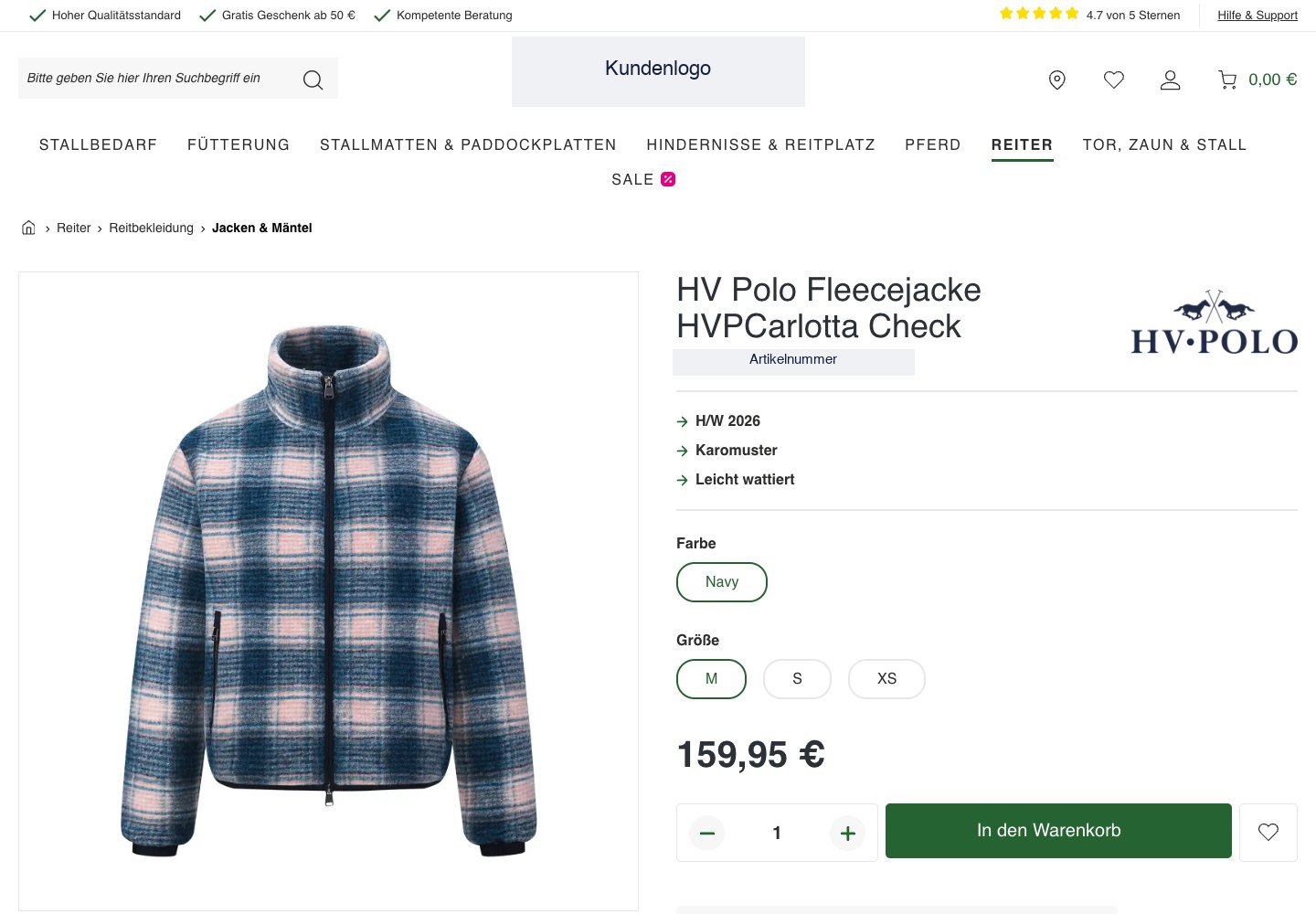 Produktseite im Reitsport-Shop mit Variantenauswahl nach Farbe und Größe
